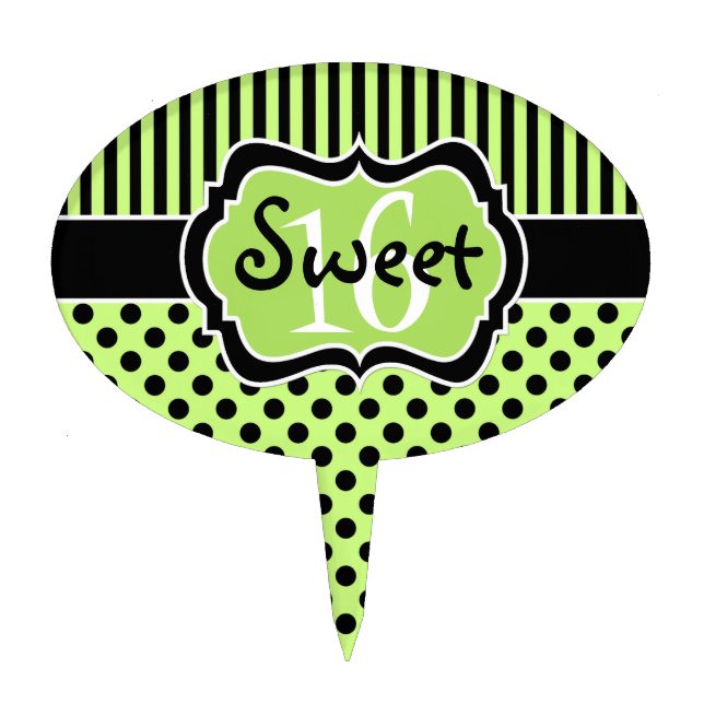 Lime, Black Stripes, Polka Dots Sweet 16 Cake Pick (Front)