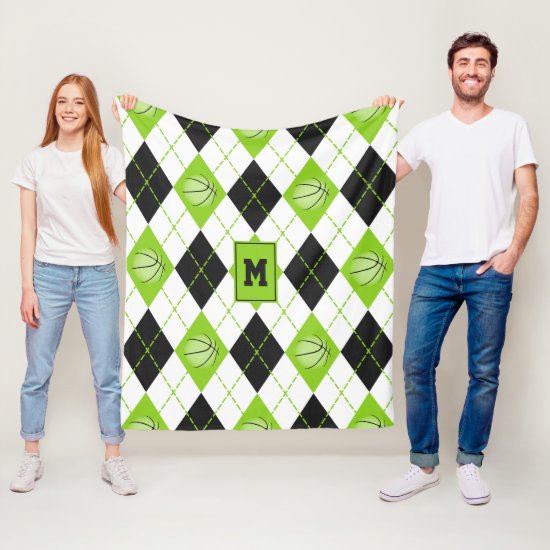 lime black white basketball themed argyle pattern fleece blanket