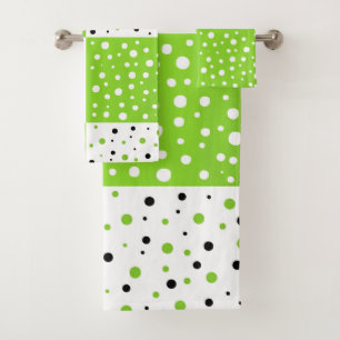 Lime Black & White Polka Dot Color Block Pattern Bath Towel Set