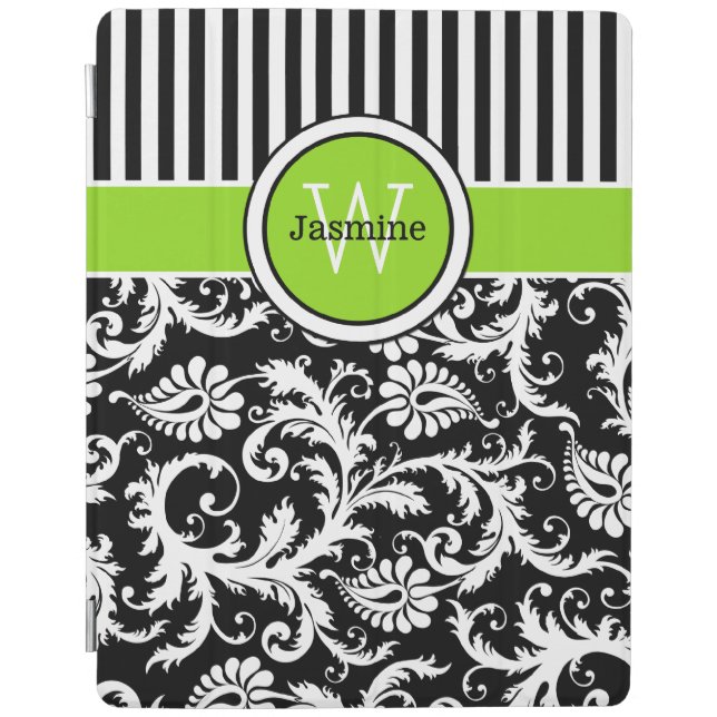 Lime Black White Stripes, Damask iPad 2/3/4 Cover (Front)