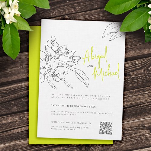 Lime blossom sketch yellow gray wedding invitation