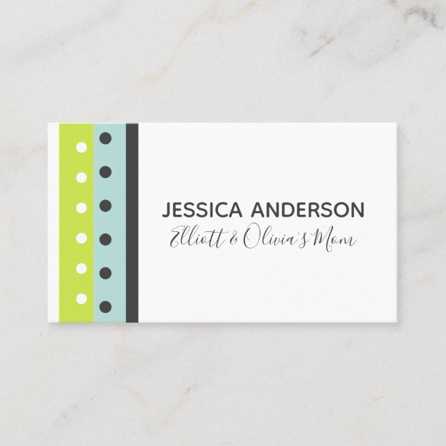 Lime, Blue and Gray Dots and Stripes Calling Card (Front)