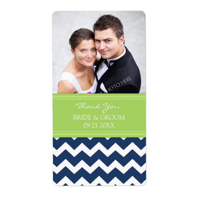 Lime Blue Chevron Photo Wedding Labels (Front)