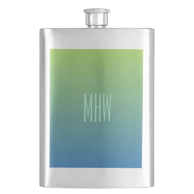 Lime Blue Gradient custom monogram flask (Front)
