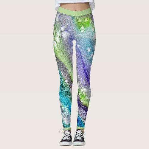 Lime Blue Ice Abstract Design Leggings