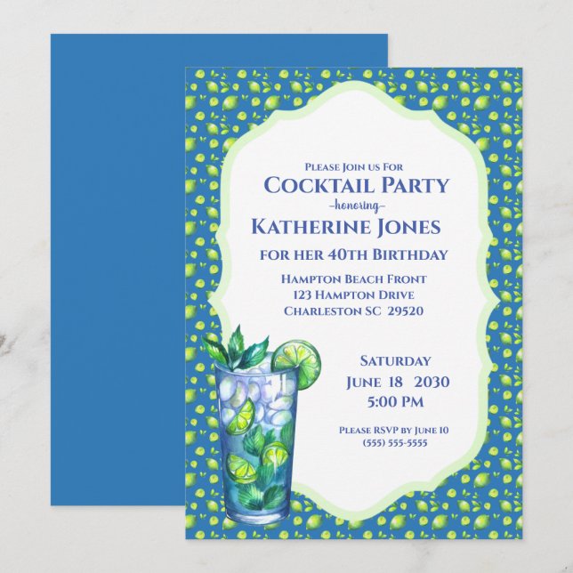 Lime Blue Mojito Birthday Cocktail Party Invitation (Front/Back)