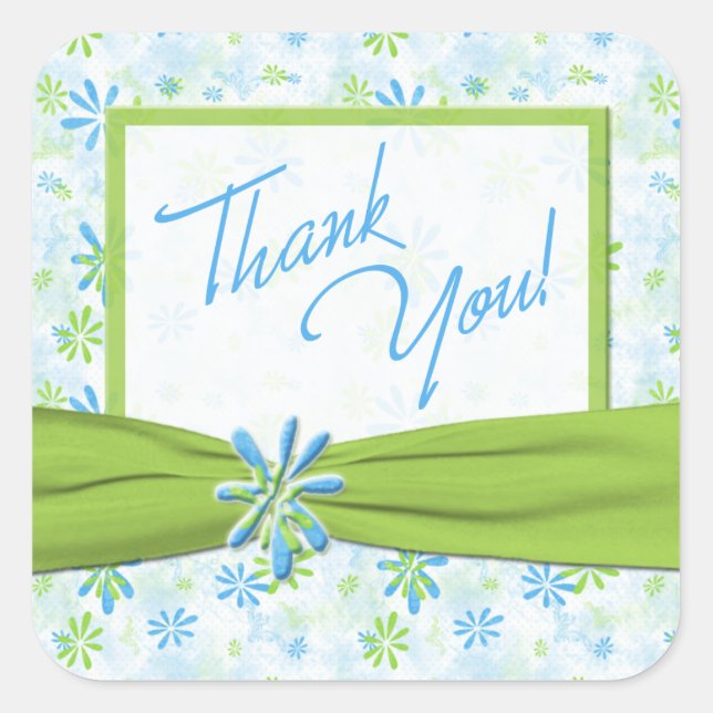 Lime, Blue, White Floral 1.5" Sq. Thank You Square Sticker (Front)