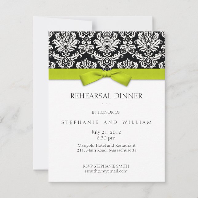 Lime Bow Damask Rehearsal Dinner Invitation (Front)