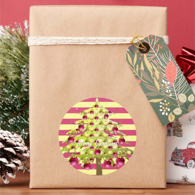 Lime  Christmas Tree with Plum Ornaments Classic Round Sticker (Holiday)