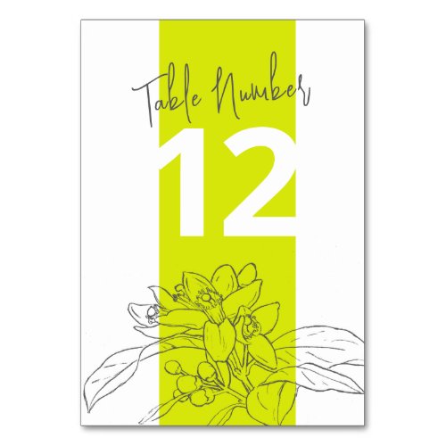 Lime citrus blossom gray pencil white wedding table number