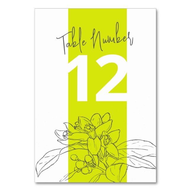 Lime citrus blossom gray pencil white wedding table number (Back)