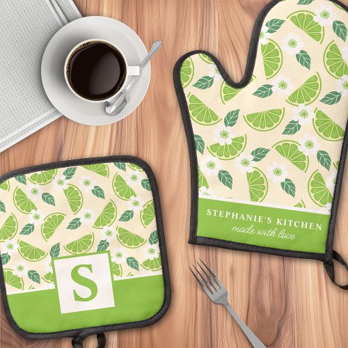 Lime Citrus Floral Cute Summer Monogrammed Oven Mitt &Amp;Amp; Pot Holder Set