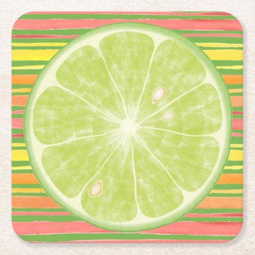 Lime Citrus Slice on Stripes Square Paper Coaster