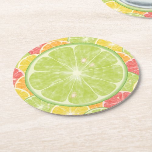 Lime Citrus Slices Round Paper Coaster