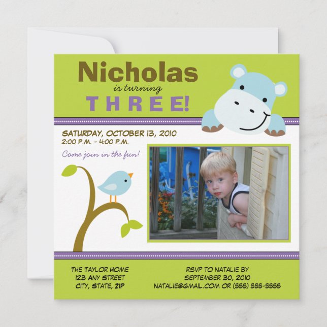 Lime Custom Hippo & Birdie Birthday Party Invite (Front)