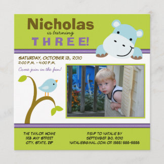 Lime Custom Hippo & Birdie Birthday Party Invite