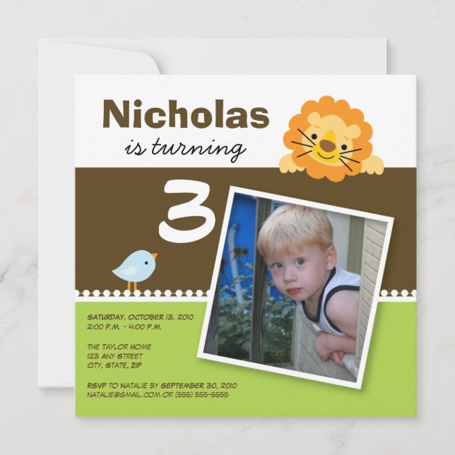 Lime Custom Lion & Birdie Birthday Party Invite (Front)