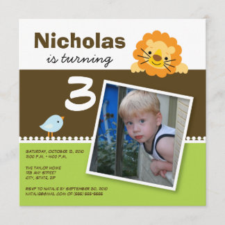Lime Custom Lion & Birdie Birthday Party Invite