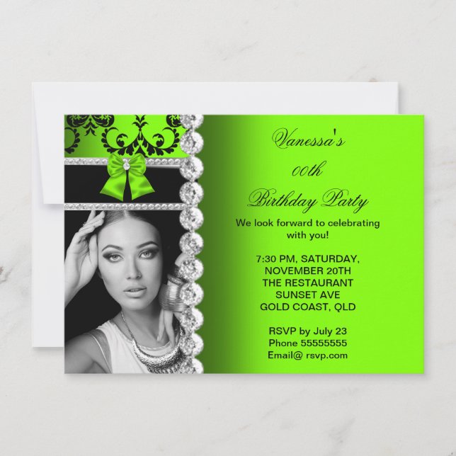 Lime Damask Black Jewel Bow Birthday Photo Invitation (Front)