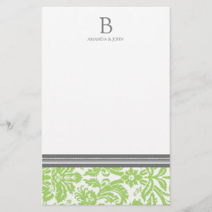 Lime Damask Wedding Monogram Stationery
