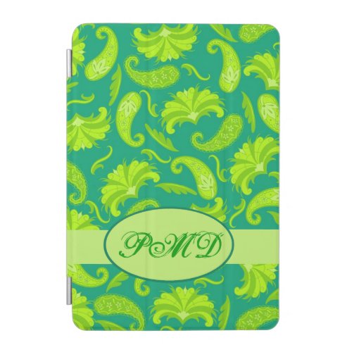 Lime Emerald Green Art Deco Paisley Monogram iPad Mini Cover