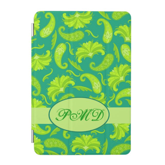 Lime Emerald Green Art Deco Paisley Monogram iPad Mini Cover (Front)
