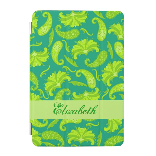 Lime Emerald Green Paisley Name Personalized iPad Mini Cover (Front)
