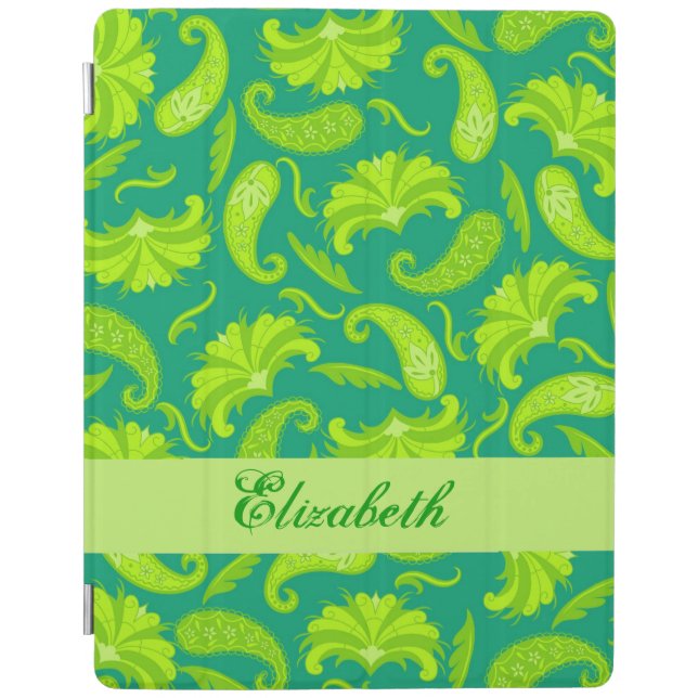 Lime Emerald Green Paisley Name Personalized iPad Smart Cover (Front)