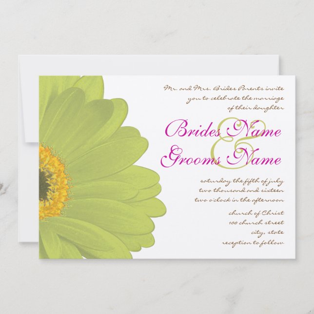 Lime & Fuchsia Gerber Daisy Wedding Invitation (Front)