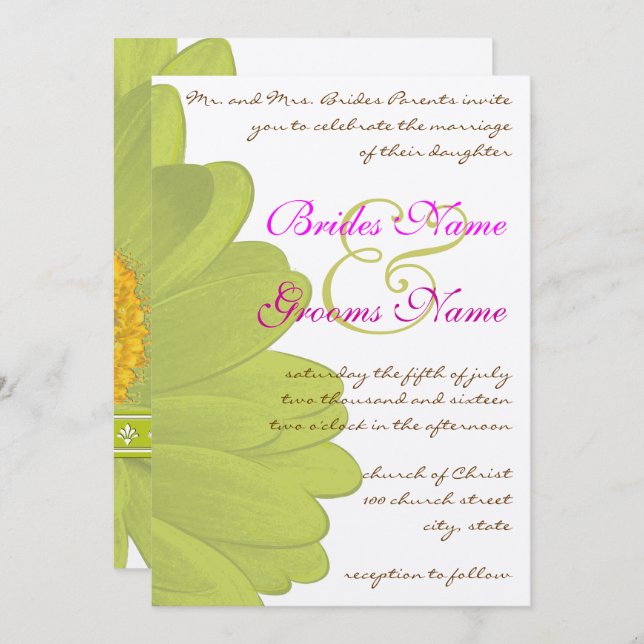 Lime & Fuchsia Gerber Daisy Wedding Invitation (Front/Back)