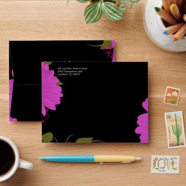 Lime & Fuchsia Gerbers on Black Wedding Envelopes (Desk)