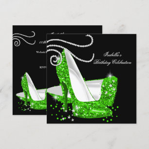 Lime Glitter High Heels Black Birthday Party Invitation