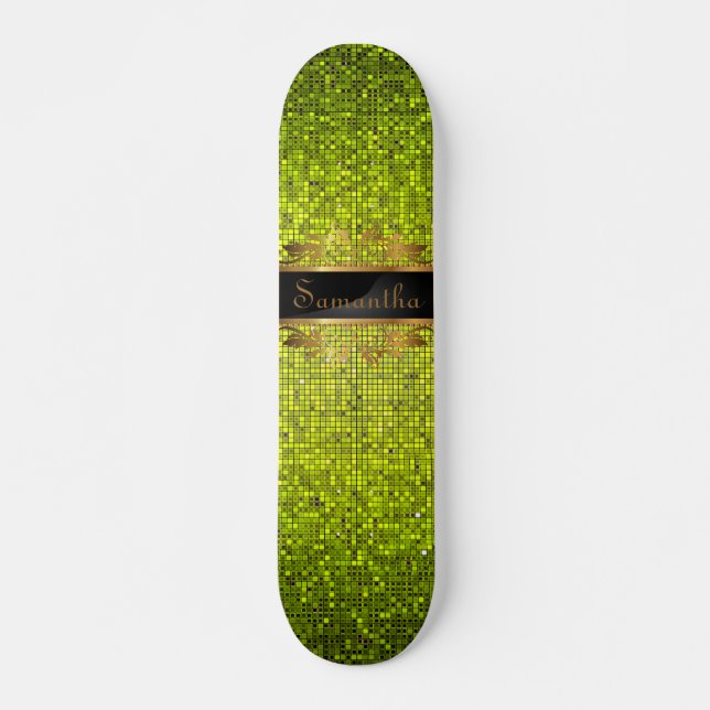 Lime Glitter Sequin Disco Old School Skateboard Deck (Front)