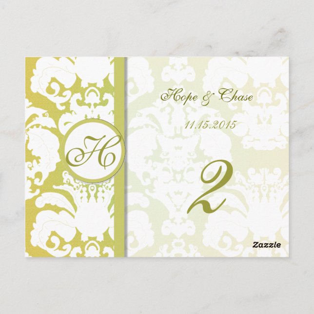 Lime Gold Damask Swirls Table Number Cards (Back)