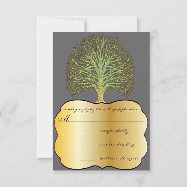 Lime Gold Swirl Damask Tree Wedding RSVP (Front)