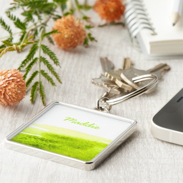 Lime grass green watercolor swish keychain (Side)