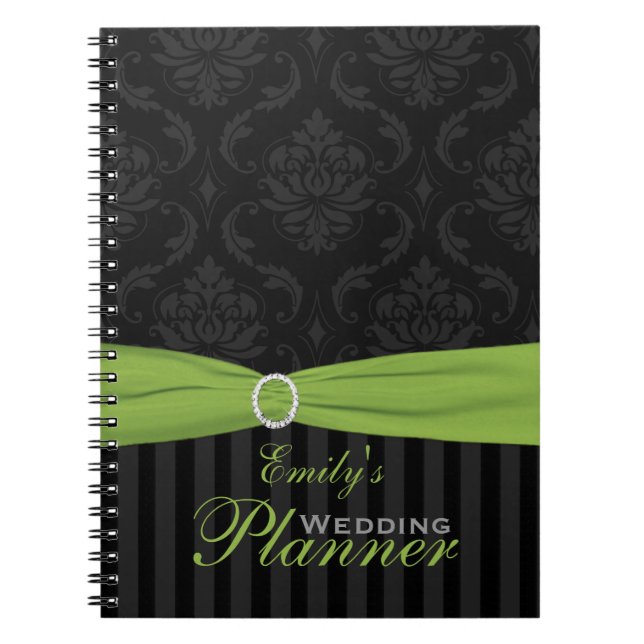 Lime, Gray, Black Damask Striped Notebook (Front)