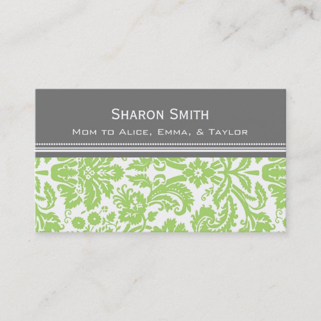 Lime Gray Damask Mom Calling Cards (Front)