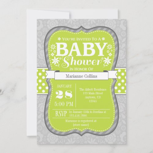 LIme Gray Floral Flower Baby Shower Invitation