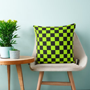 Lime Green 80s Black Checkered Throw Pillow