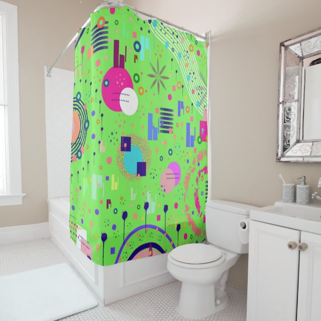 Lime Green Abstract Print Shower Curtain (In Situ)