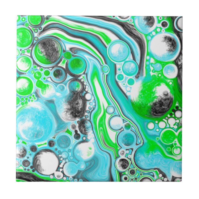 Lime Green and Aqua Blue Bubble Abstract Art  Gift Ceramic Tile (Front)