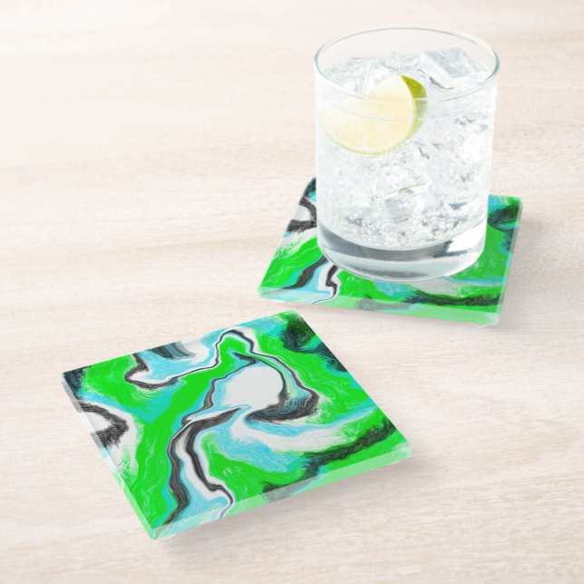 Lime Green and Aqua Blue Bubble Abstract Art Glass Coaster (Angled)