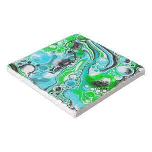 Lime Green and Aqua Blue Bubble Abstract Art Trivet