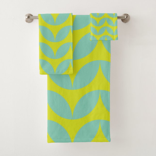 Lime Green and Aqua Blue Retro Leaf Pattern Bath Towel Set (Insitu)