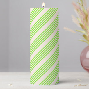 Lime green and beige five stripes pattern pillar candle