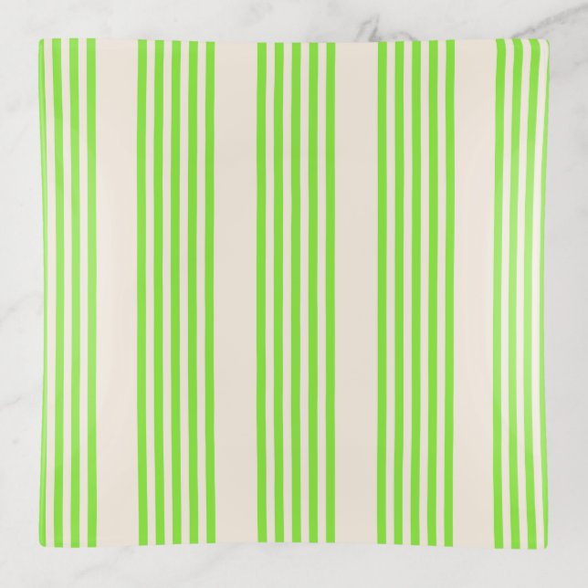 Lime green and beige five stripes pattern trinket tray (Front)