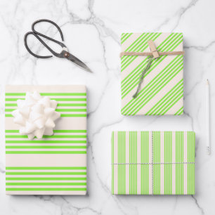 Lime green and beige five stripes pattern wrapping paper sheets
