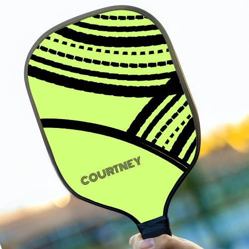 Lime Green and Black Abstract Print with Name Pickleball Paddle