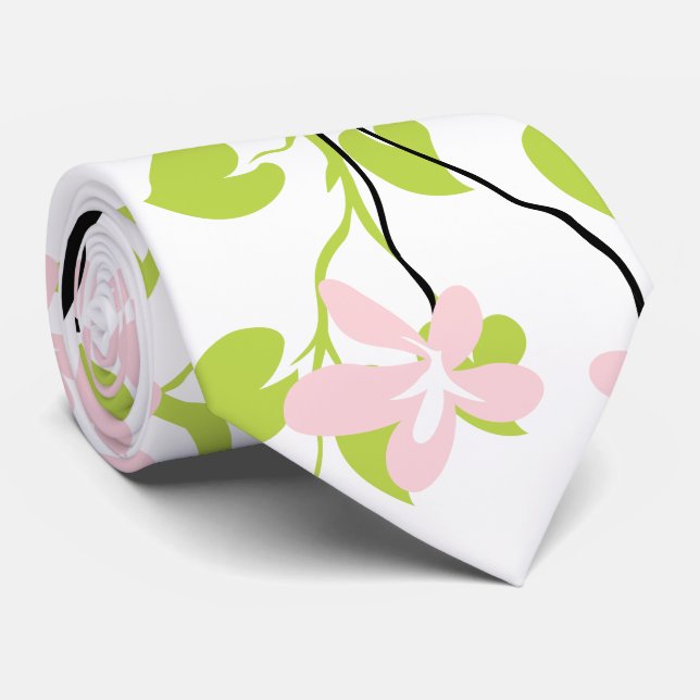 Lime green and black branch, blush pink flowers neck tie (Rolled)